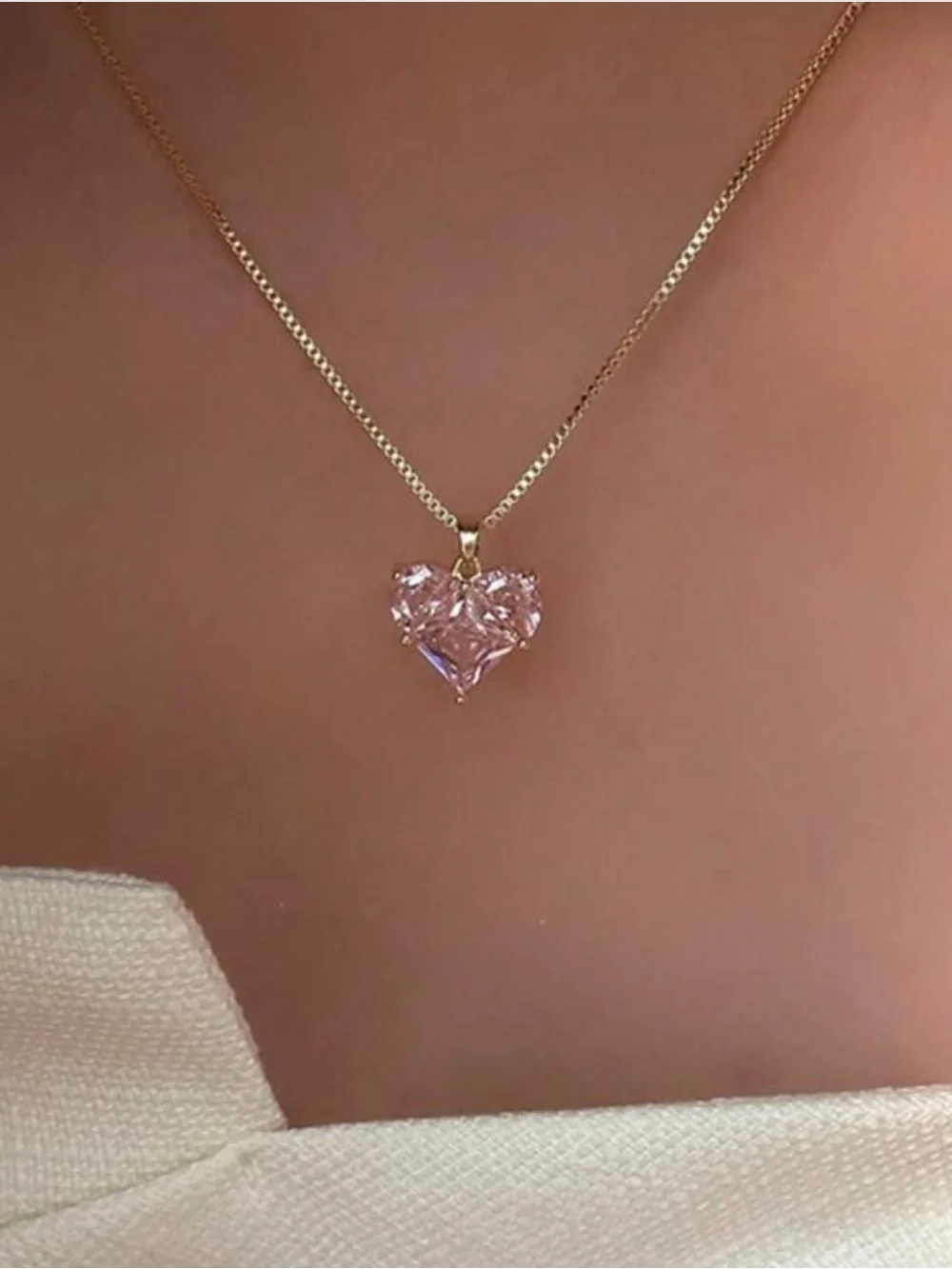 Gold Heart Pendant Necklace with Pink Gem - Women Jewelry